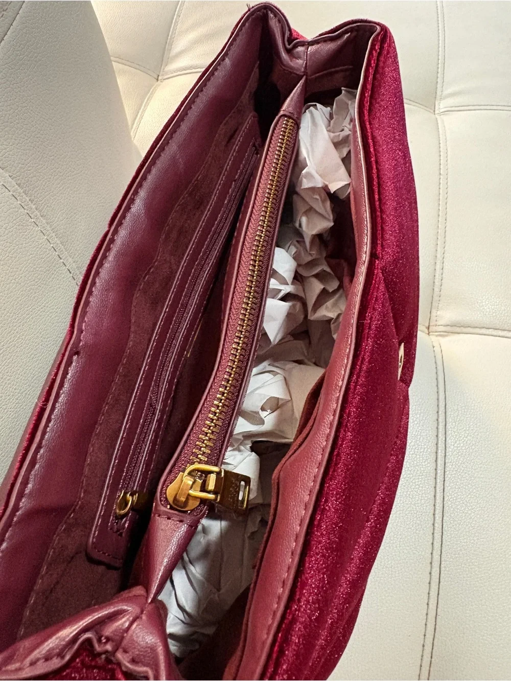 Steve Madden Wine Red Velvet Shoulder Bag with Gold Chain